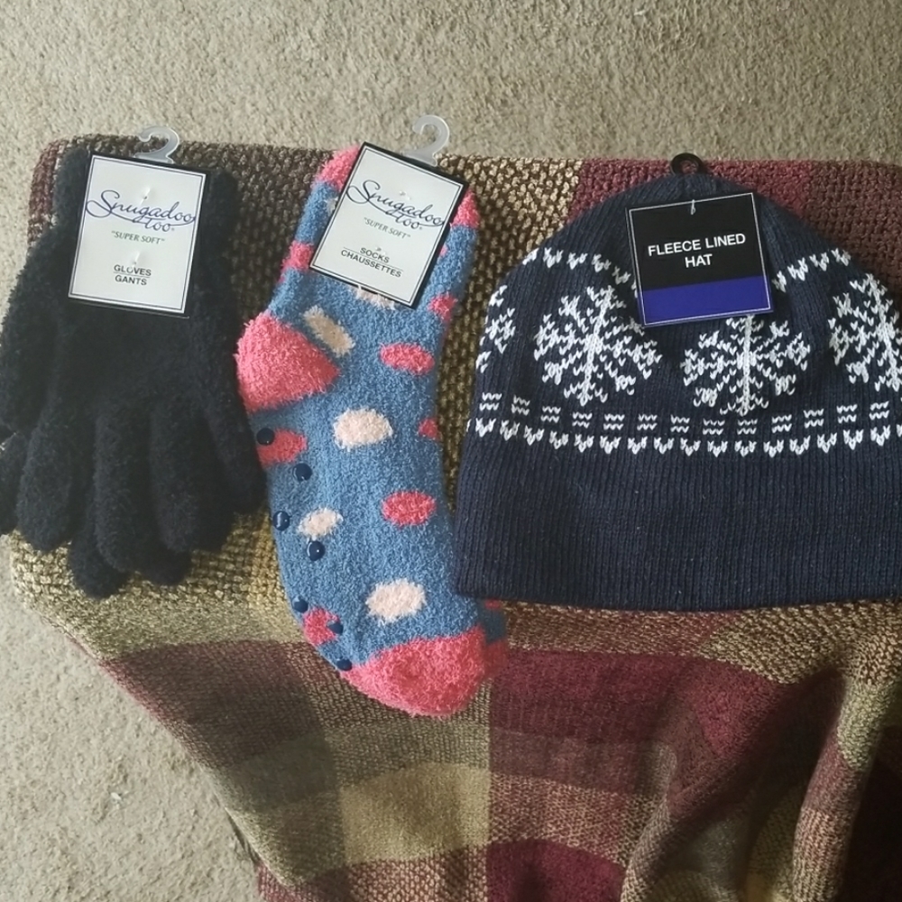 Black Gloves, Fleece Lined Hat, Fuzzy Socks